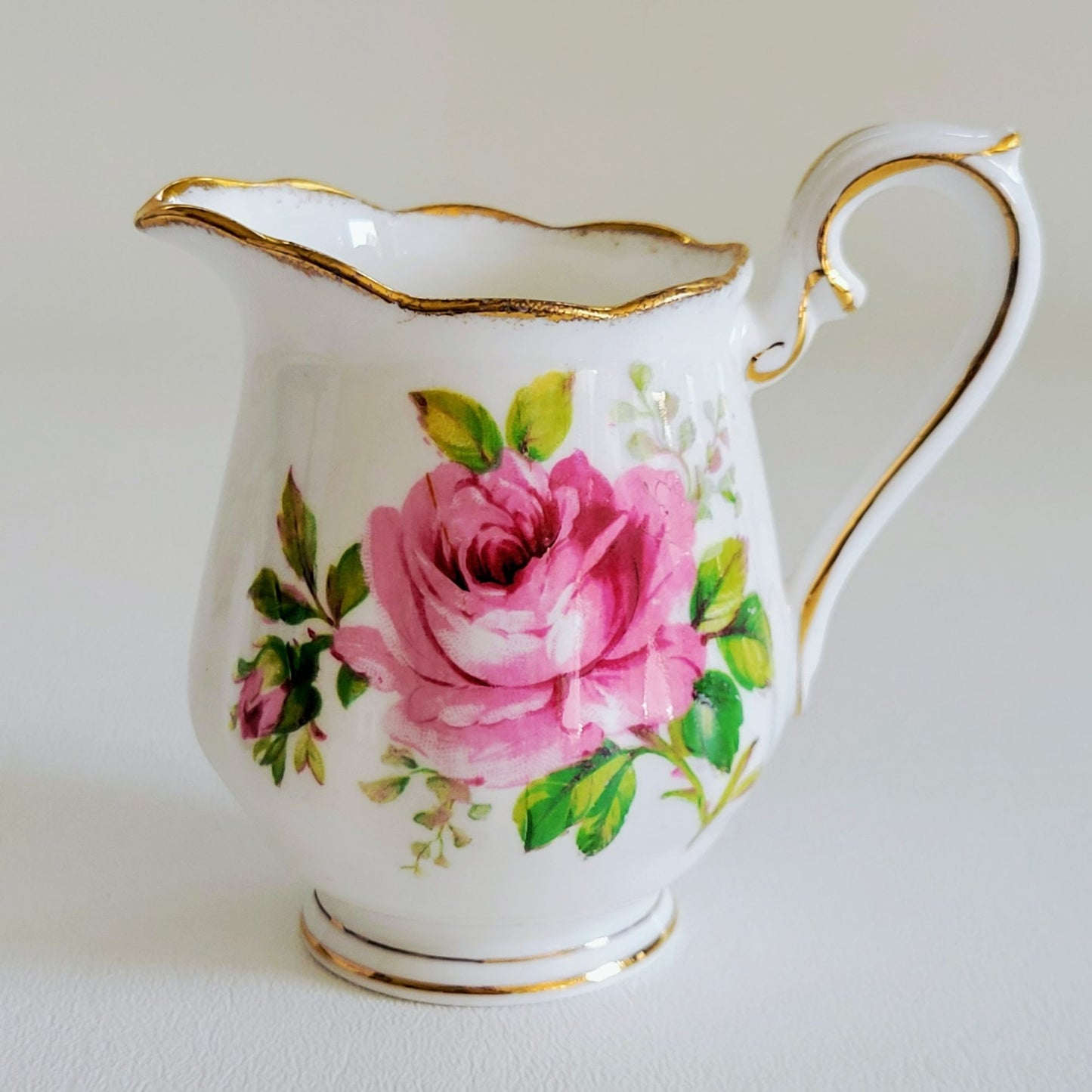 Vintage Royal Albert American Beauty 3 Piece Set, Creamer Pitcher, Berry Bowl, & Bread Plate, Brushed Gold, Pink Roses, Scalloped Edge