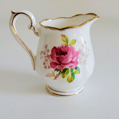 Vintage Royal Albert American Beauty 3 Piece Set, Creamer Pitcher, Berry Bowl, & Bread Plate, Brushed Gold, Pink Roses, Scalloped Edge