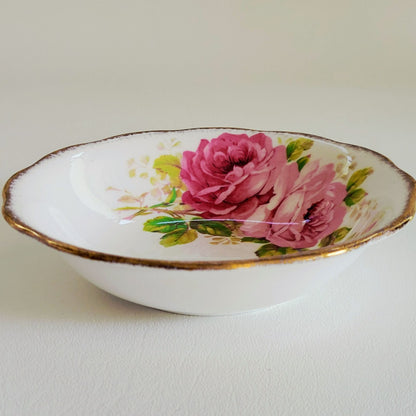 Vintage Royal Albert American Beauty 3 Piece Set, Creamer Pitcher, Berry Bowl, & Bread Plate, Brushed Gold, Pink Roses, Scalloped Edge