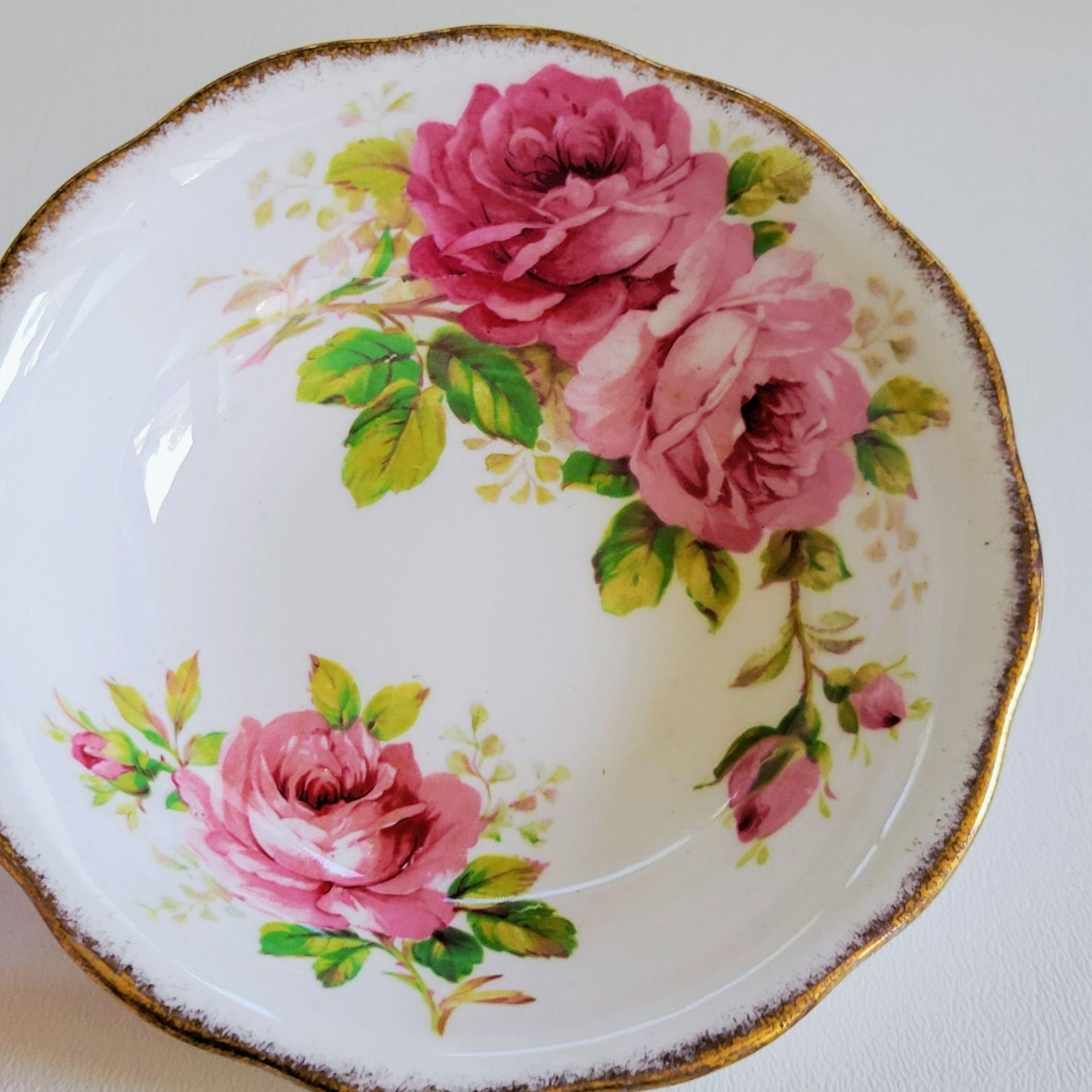 Vintage Royal Albert American Beauty 3 Piece Set, Creamer Pitcher, Berry Bowl, & Bread Plate, Brushed Gold, Pink Roses, Scalloped Edge