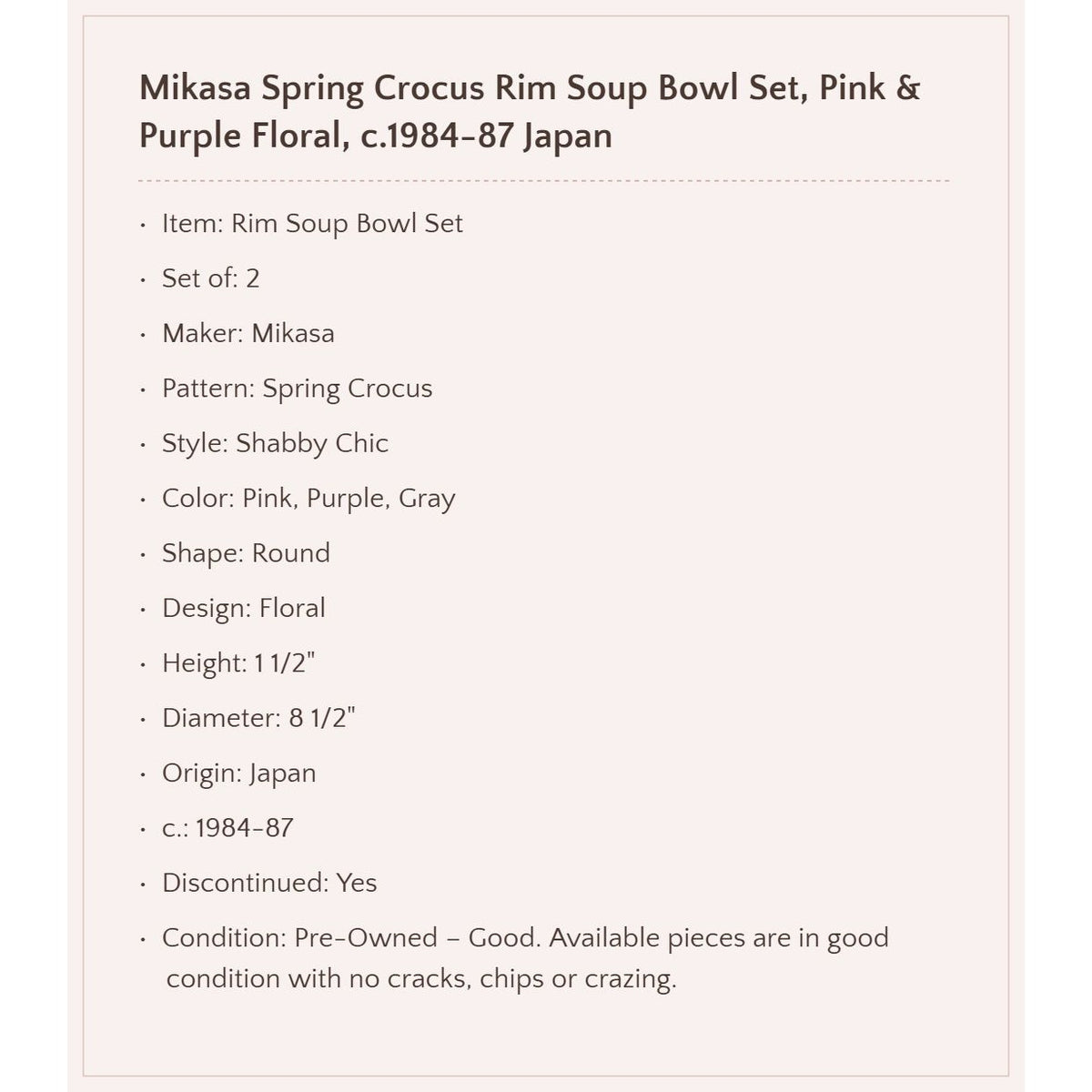 Mikasa "Spring Crocus" Rim Soup Bowl Set, c.1984-87 Japan