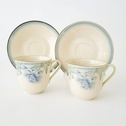 Lenox Brentwood Teacup & Saucer, 2 Sets, Blue & Green Floral, Platinum Trim, c.1980s USA