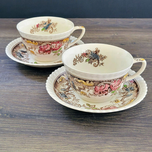 Johnson Bros Devonshire Brown Teacup & Saucer, 2 Sets, Made in England
