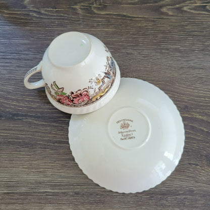 Johnson Bros Devonshire Brown Teacup & Saucer, 2 Sets, Made in England