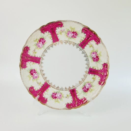 Vintage German Pink & Gold Floral Centerpiece Platter, Artist Signed, Weimar c.1848-1933 Germany
