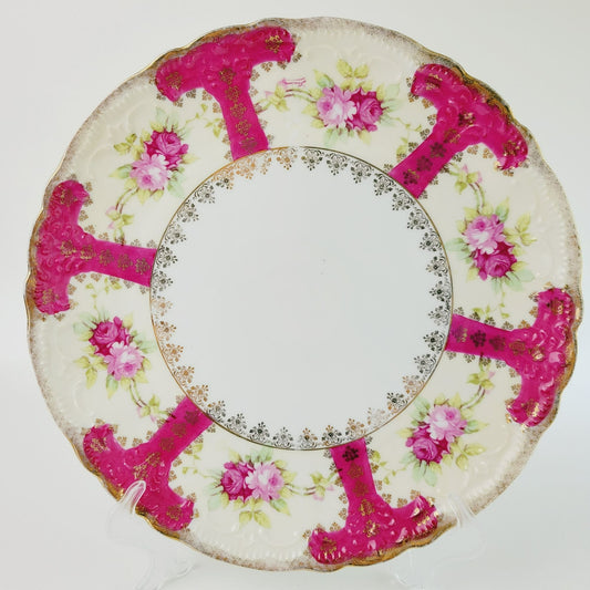 Vintage German Pink & Gold Floral Centerpiece Platter, Artist Signed, Weimar c.1848-1933 Germany