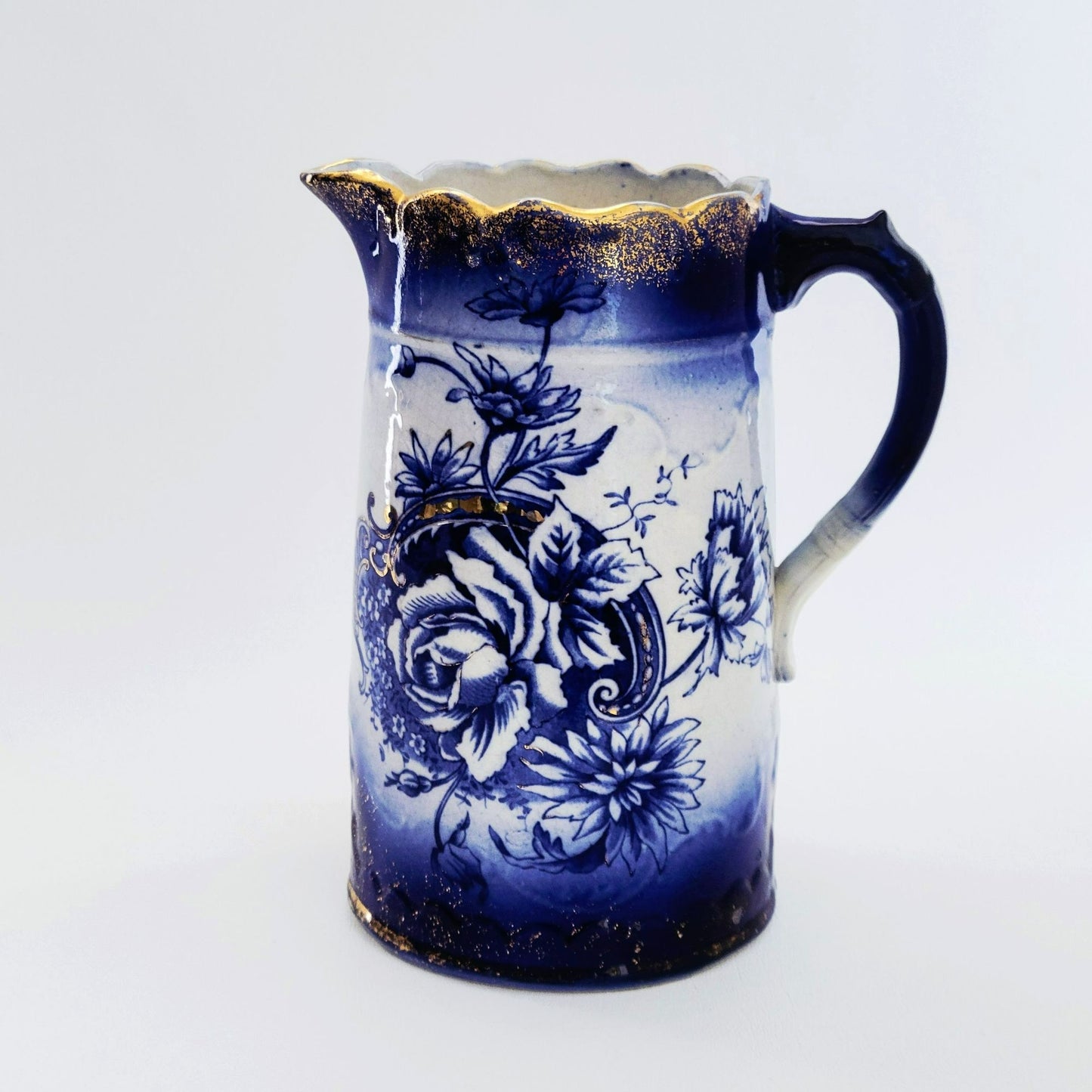 Antique Flow Blue Floral Water Pitcher