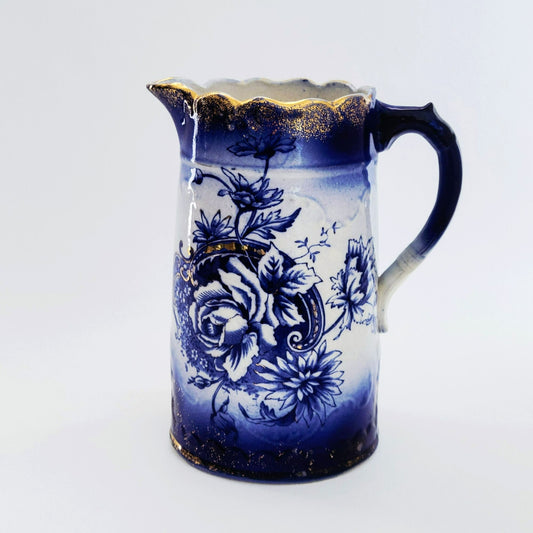 Antique Flow Blue Floral Water Pitcher