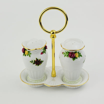 Royal Albert Old County Roses Salt, Pepper & Tray Set