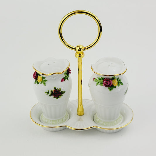 Royal Albert Old County Roses Salt, Pepper & Tray Set