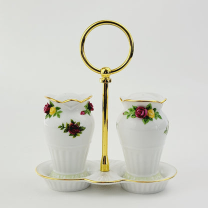Royal Albert Old County Roses Salt, Pepper & Tray Set