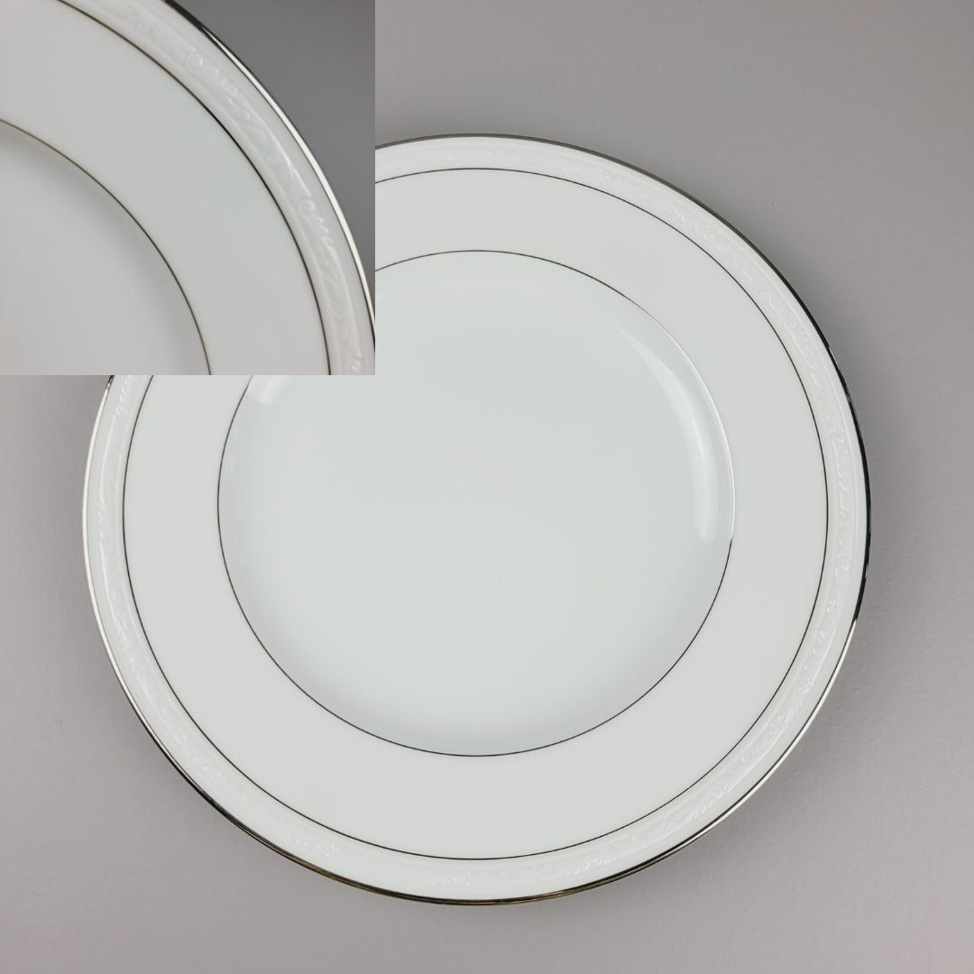 Noritake Stoneleigh Dinner Plate, Embossed Scroll Band & Platinum Rings