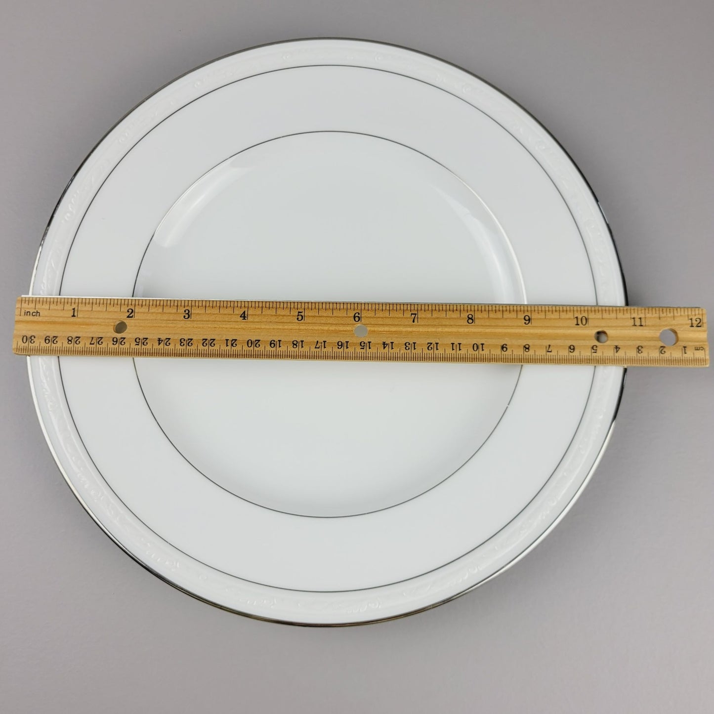 Noritake Stoneleigh Dinner Plate, Embossed Scroll Band & Platinum Rings