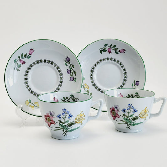 Spode Summer Palace Fine Stone Cup & Saucer, 2 Sets, Multicolor Floral & Green Trim, England c.1980s