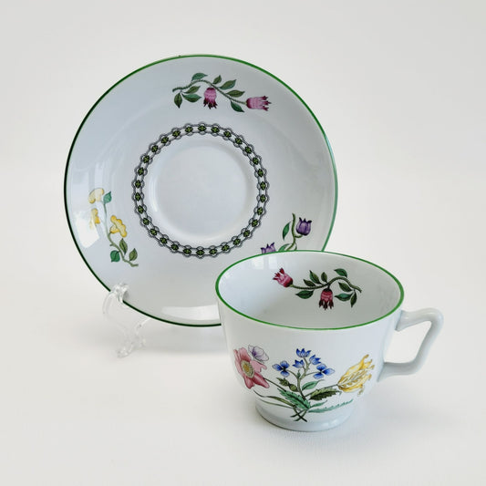 Spode Summer Palace Fine Stone Cup & Saucer, 2 Sets, Multicolor Floral & Green Trim, England c.1980s