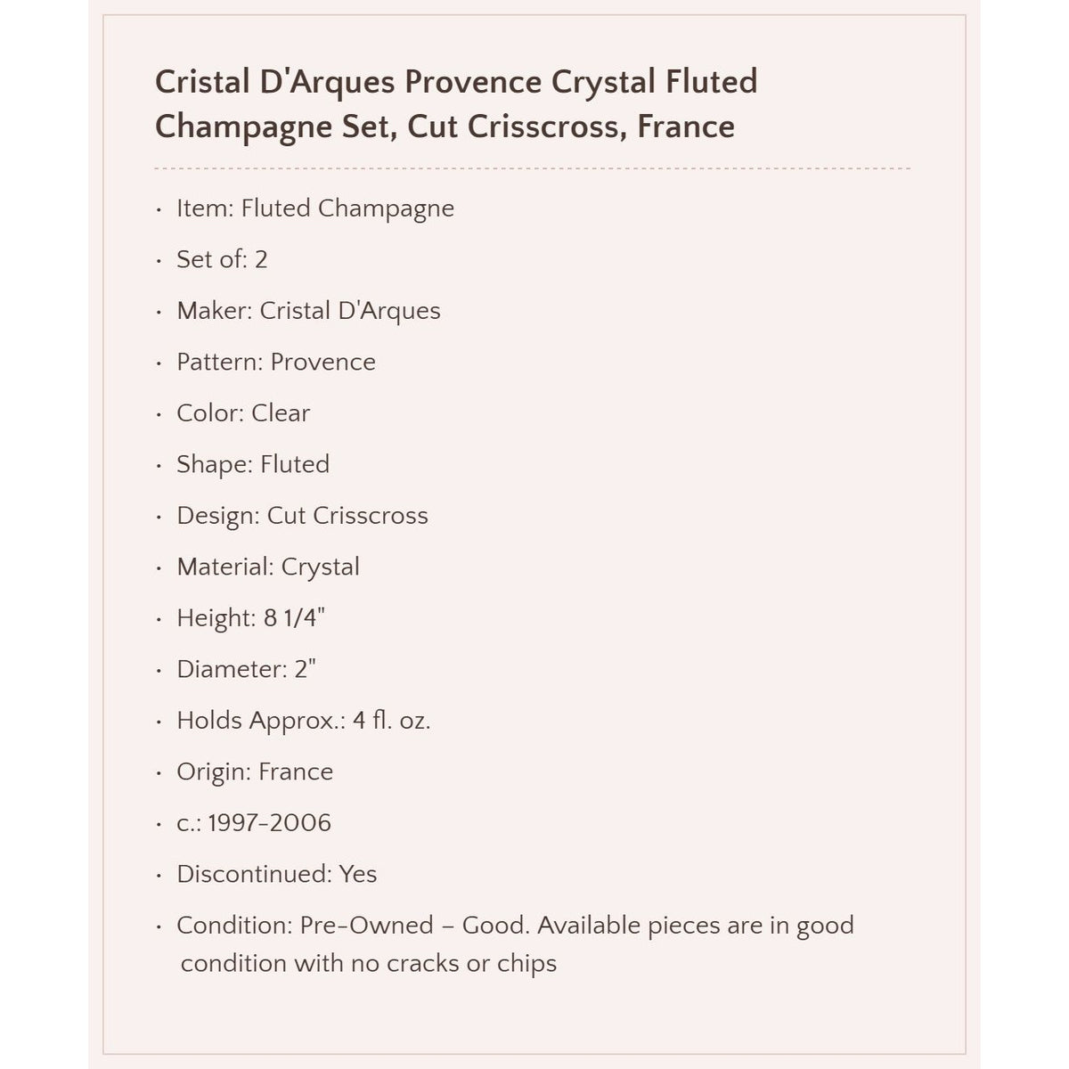 Cristal D'Arques "Provence" Crystal Fluted Champagne Set, Made in France