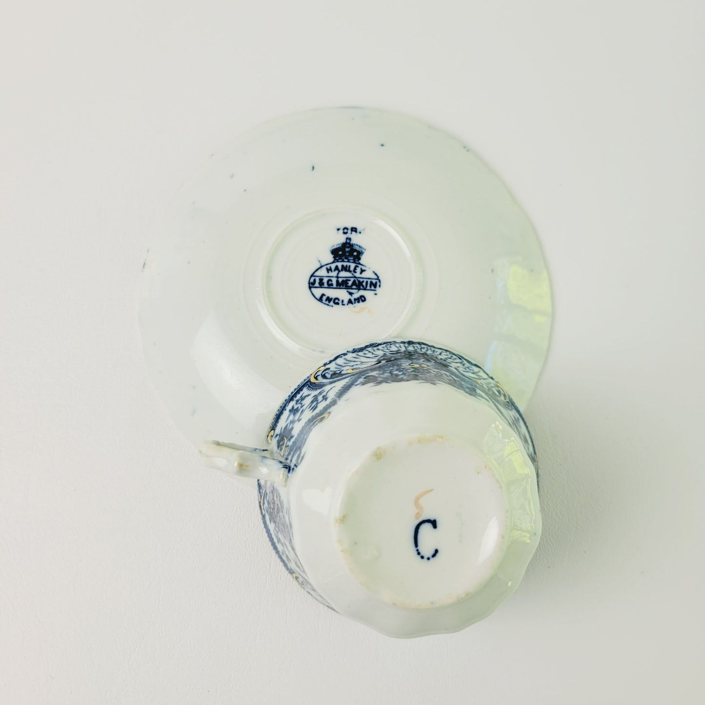 Antique J&G Meakin York Flow Blue Teacup and Saucer, c.1890-1910 England