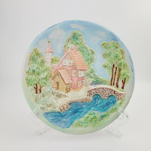 Vintage ChalkWare Hand-Painted Ceramic 3D Wall Plate With Cottage & Bridge Scene