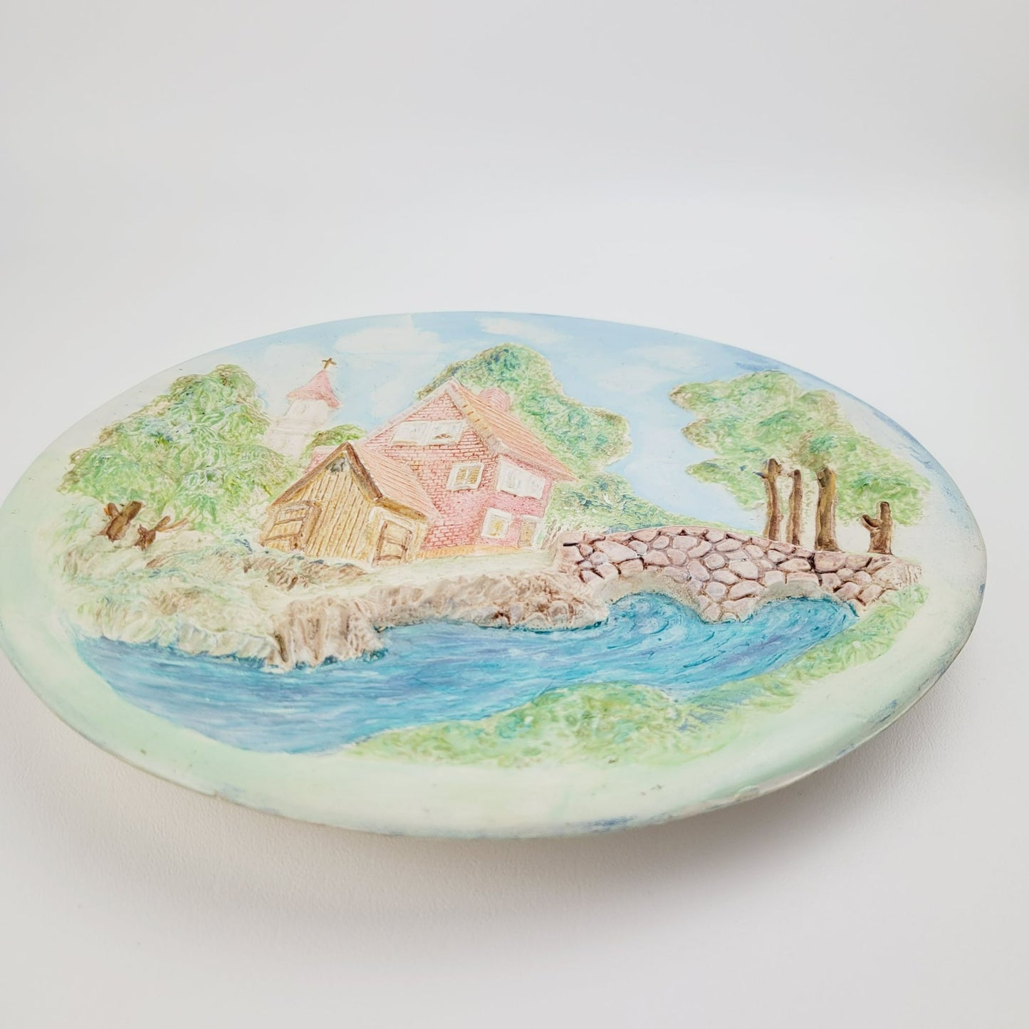 Vintage ChalkWare Hand-Painted Ceramic 3D Wall Plate With Cottage & Bridge Scene