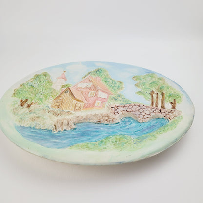 Vintage ChalkWare Hand-Painted Ceramic 3D Wall Plate With Cottage & Bridge Scene