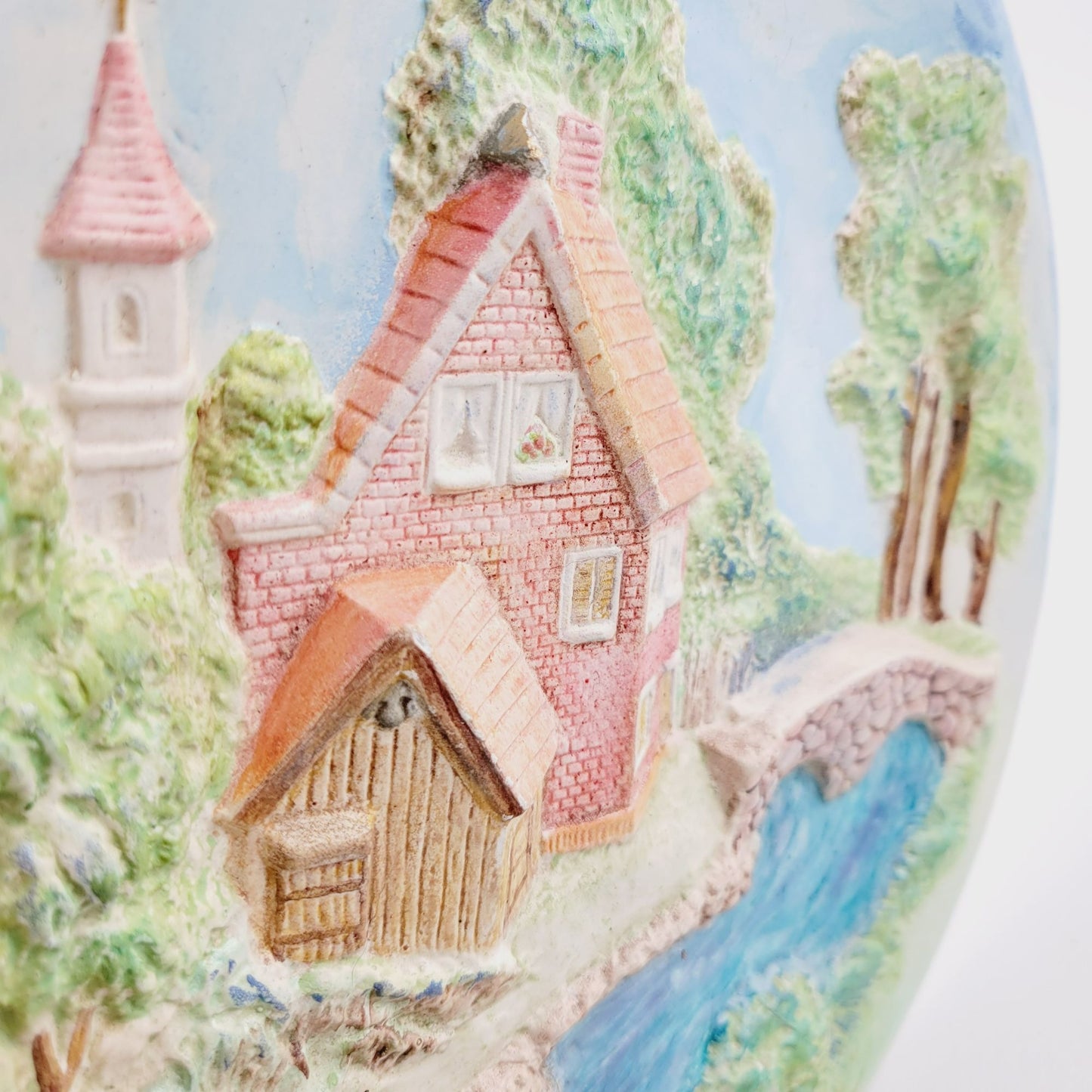 Vintage ChalkWare Hand-Painted Ceramic 3D Wall Plate With Cottage & Bridge Scene