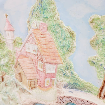 Vintage ChalkWare Hand-Painted Ceramic 3D Wall Plate With Cottage & Bridge Scene