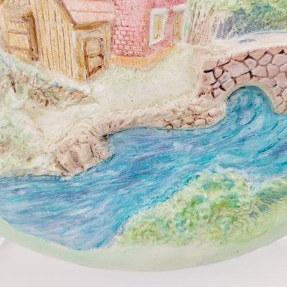 Vintage ChalkWare Hand-Painted Ceramic 3D Wall Plate With Cottage & Bridge Scene