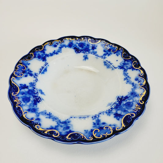 Antique Ridgway Ebor Flow Blue Soup Bowl, Gilded Gold Accents, c.1981-1920 England