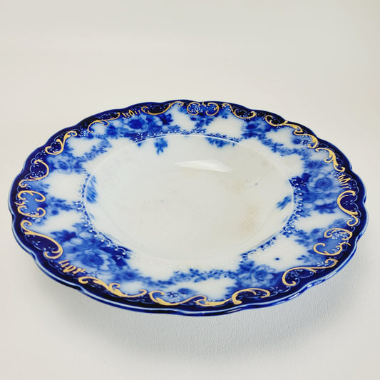 Antique Ridgway Ebor Flow Blue Soup Bowl, Gilded Gold Accents, c.1981-1920 England
