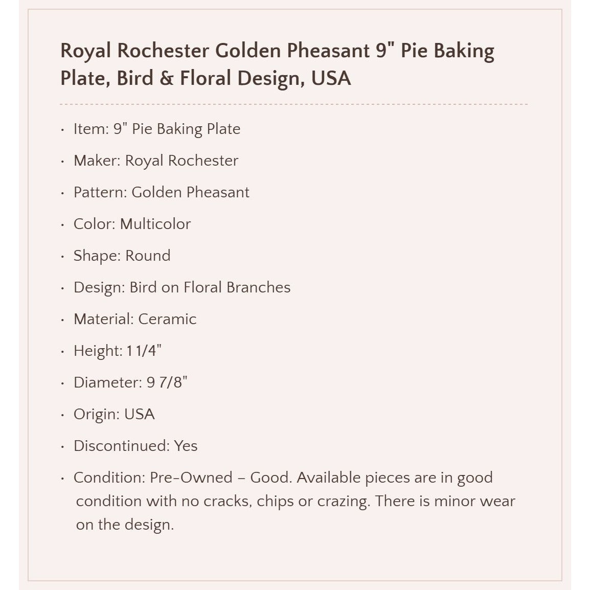 Royal Rochester "Golden Pheasant" 9" Pie Baking Plate, USA Made