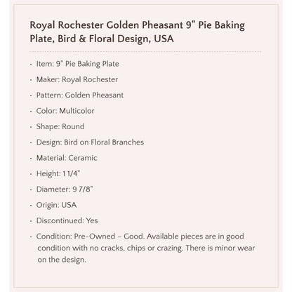 Royal Rochester "Golden Pheasant" 9" Pie Baking Plate, USA Made