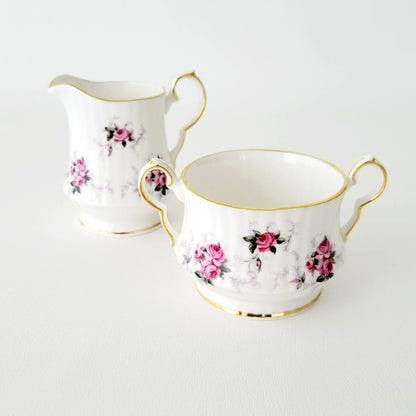 Princess House Windsor Rose Creamer & Sugar Bowl, Pink Roses, Gold Trim, Ribbed Design, England