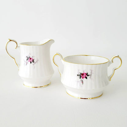Princess House Windsor Rose Creamer & Sugar Bowl, Pink Roses, Gold Trim, Ribbed Design, England
