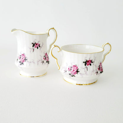 Princess House Windsor Rose Creamer & Sugar Bowl, Pink Roses, Gold Trim, Ribbed Design, England