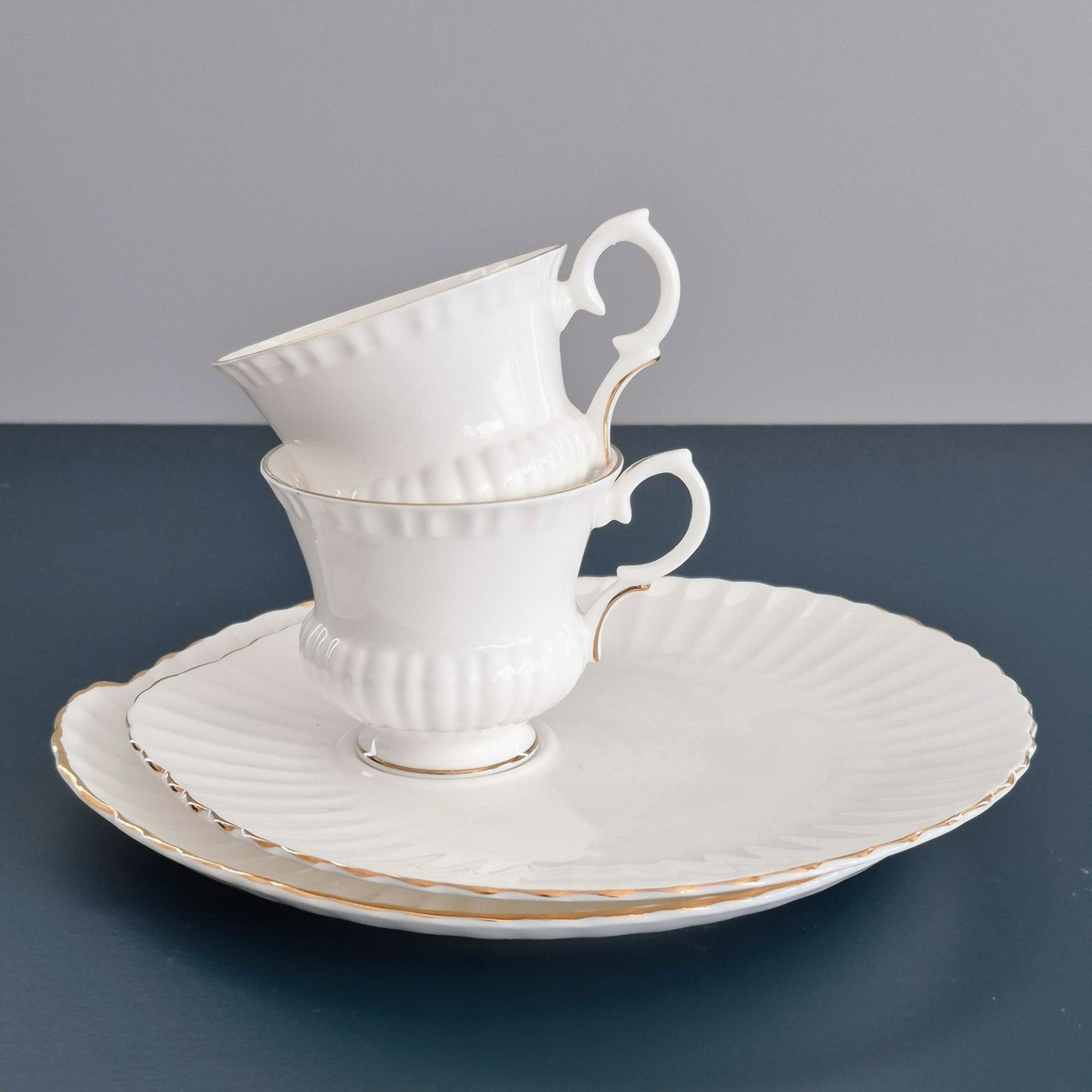 Crown Staffordshire White Teacup and Snack Plate, Set of 2, Made in England