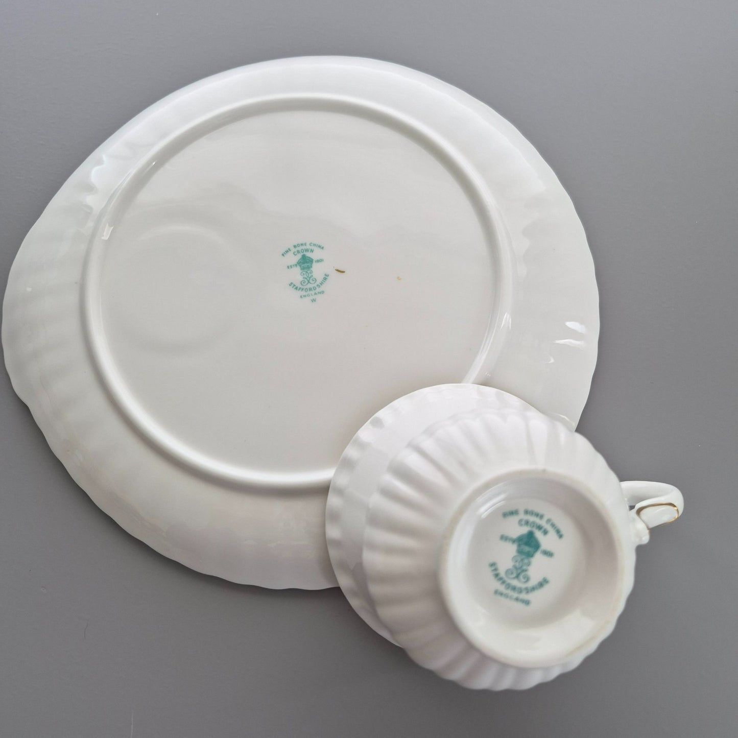 Crown Staffordshire White Teacup and Snack Plate, Set of 2, Made in England