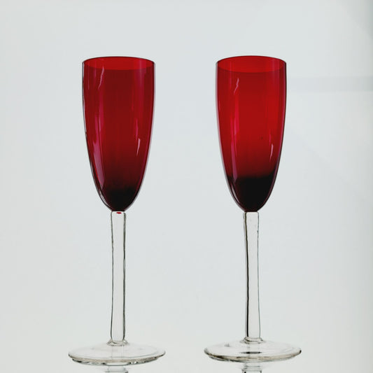 Vintage Red & Clear Fluted Champagne Glasses Set Of 2