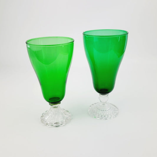 Anchor Hocking Mismatched Green Glasses, Set of 2, Bubble Foot & Burple Inspiration Swirl