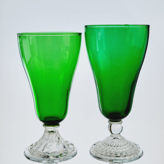 Anchor Hocking Mismatched Green Glasses, Set of 2, Bubble Foot & Burple Inspiration Swirl