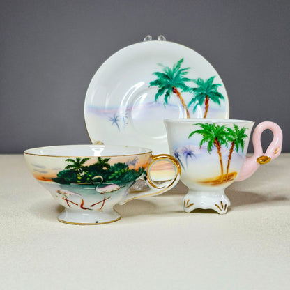 Vintage Tropical Flamingo Demitasse Cups & Saucer Set of 3, Made in Japan
