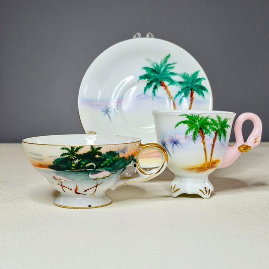 Vintage Tropical Flamingo Demitasse Cups & Saucer Set of 3, Made in Japan