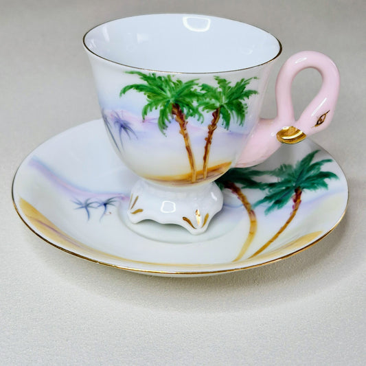 Vintage Tropical Flamingo Demitasse Cups & Saucer Set of 3, Made in Japan