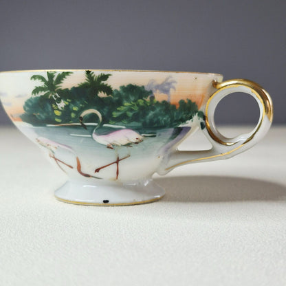 Vintage Tropical Flamingo Demitasse Cups & Saucer Set of 3, Made in Japan