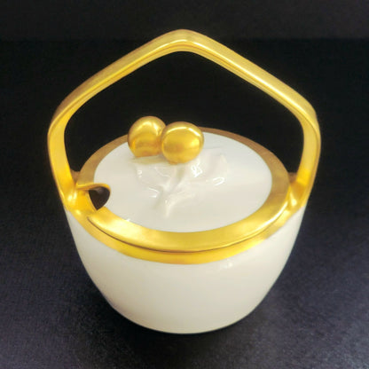 White & Heavy Gold Sugar Bowl / Jam Pot & Lid