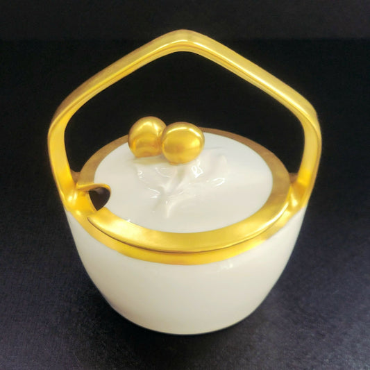 White & Heavy Gold Sugar Bowl / Jam Pot & Lid