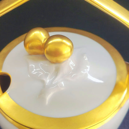 White & Heavy Gold Sugar Bowl / Jam Pot & Lid