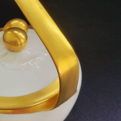 White & Heavy Gold Sugar Bowl / Jam Pot & Lid