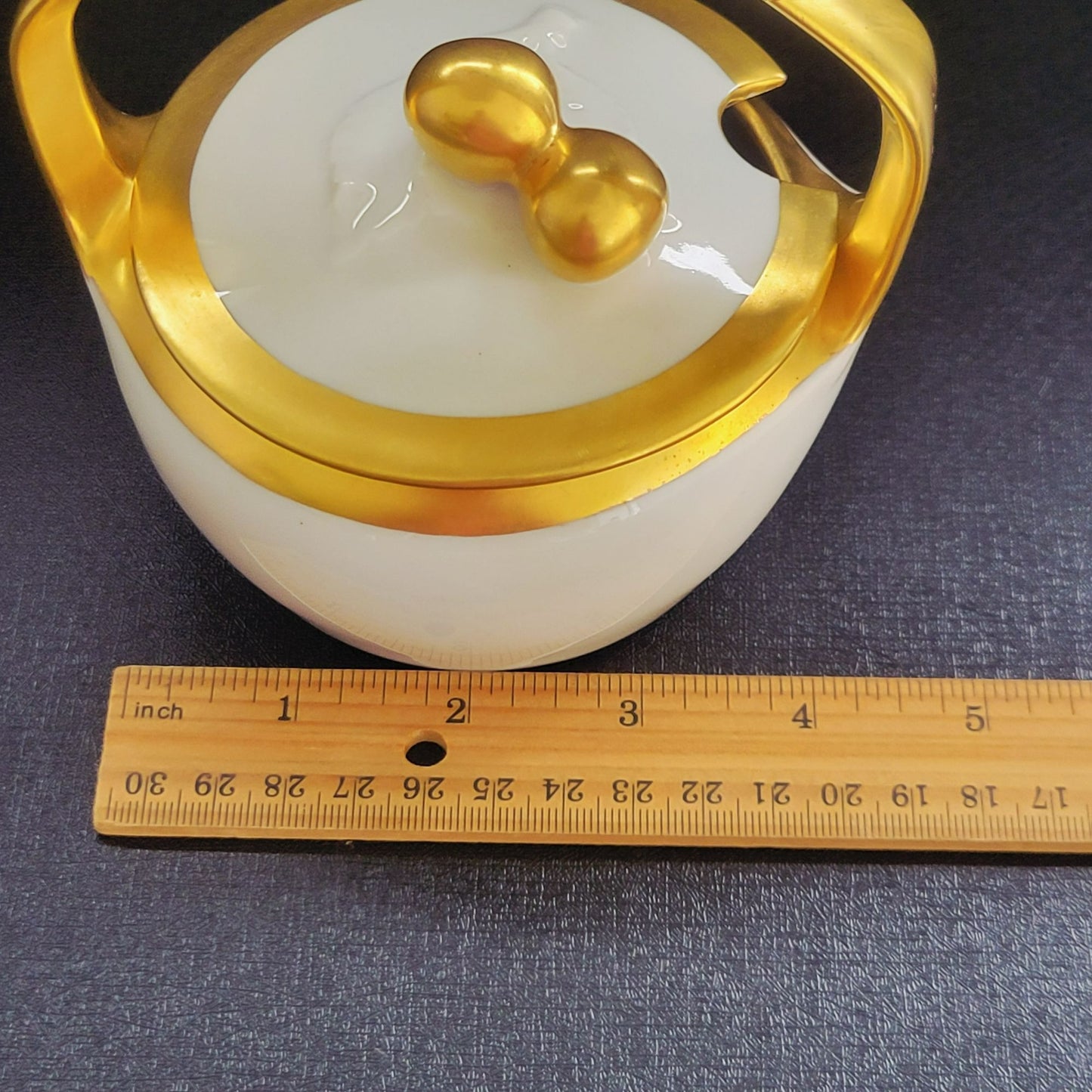 White & Heavy Gold Sugar Bowl / Jam Pot & Lid