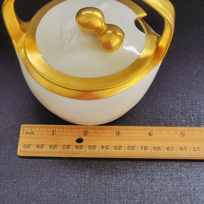 White & Heavy Gold Sugar Bowl / Jam Pot & Lid