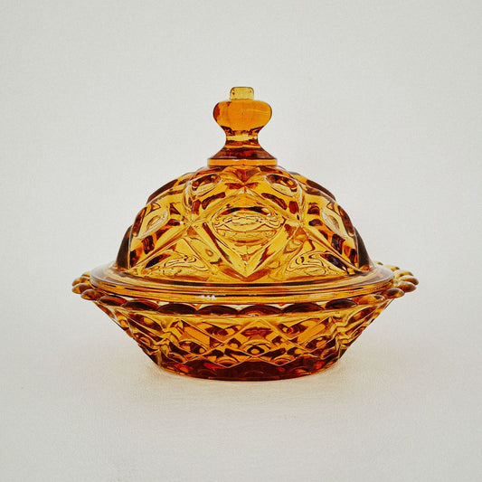 Viking Diamond Thumbprint Amber Round Covered Butter Dish, c.1970s USA